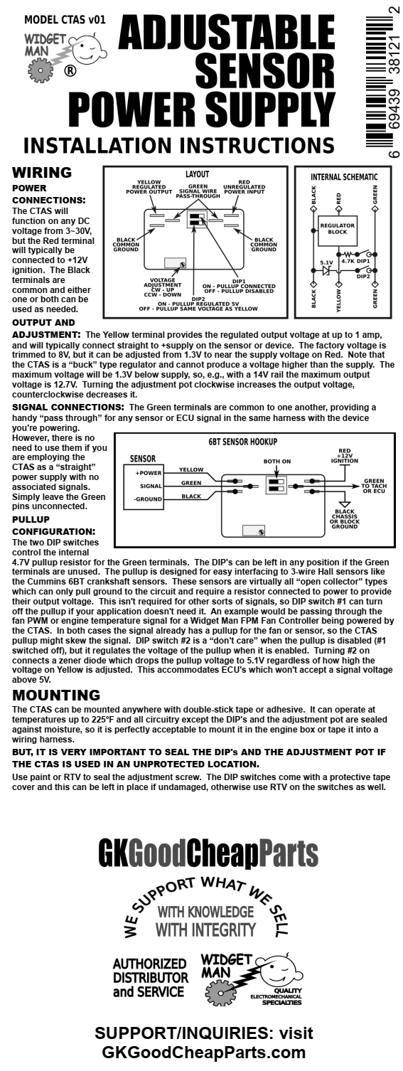 Widget Man CTAS -- Adjustable Sensor Power Supply with Built-In Pullup Resistor UPC 669439381212